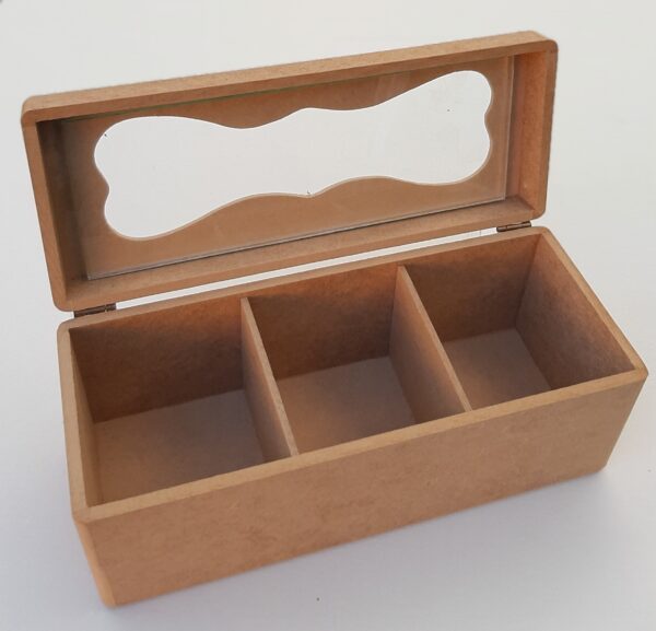 CAJA DE TÉ DE 3 DIVISIONES CON VIDRIO Y VISAGRAS METÁLICAS